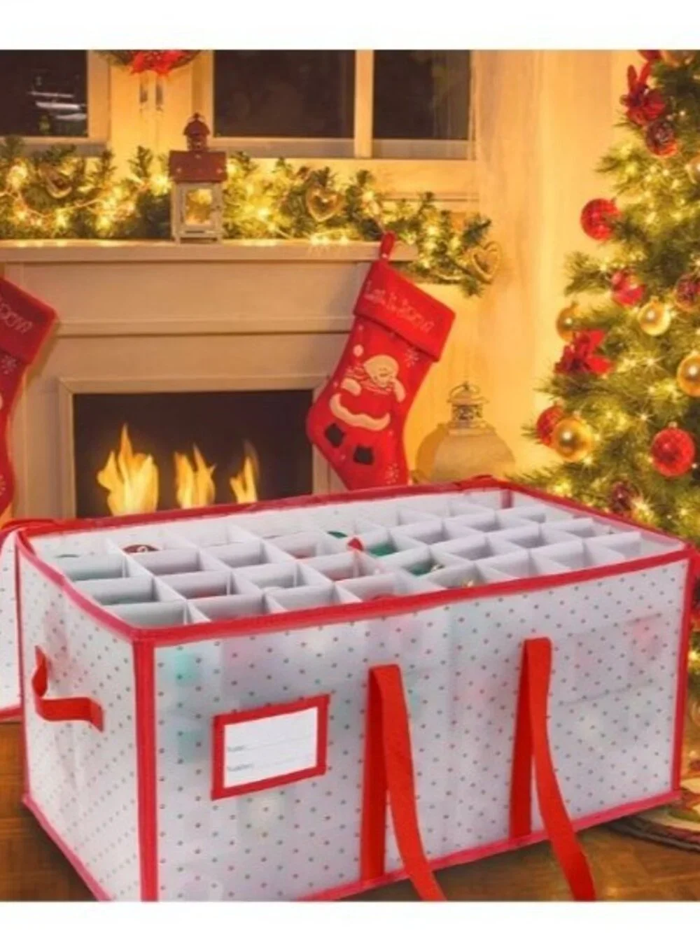 Large Red Ornament Storage Bag Handles Pockets Zipper Closure 24.4